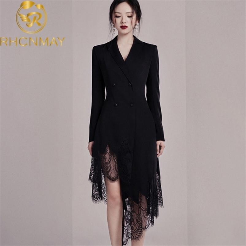 

Fashion Elegant Lace Patchwork Women Dress Lapel Long Sleeve High Waist Double-breasted Slim Asymmetrical Dresses 210520, Black