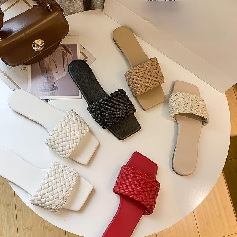 

Slippers Women's Summer 2021 One-word Braided Belt Outer Wear Lightweight Sandals Korean Casual Beach Shoes, White