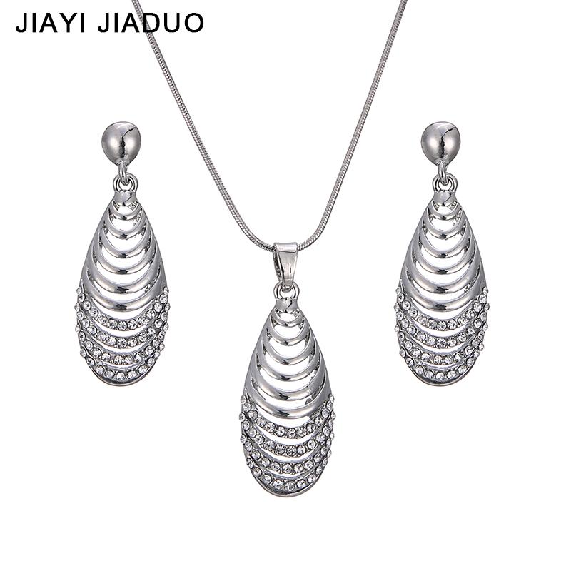 

Earrings & Necklace Charm Wedding Women Jewelry Silver Color Set Rhinestone Pendant For Gift Party Costume Accessories