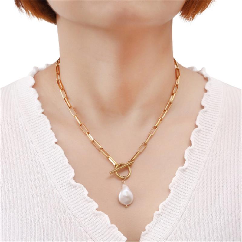 

Pendant Necklaces Temperament Female Paper Clip Chain Golden Special-shaped Baroque Freshwater Pearl Stone Stainless Steel Necklace