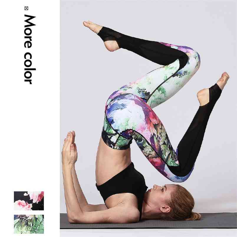 

Women Seamless Breathable Running Gym Workout Leggings High Waist Rose Print Fitness Elasticity Push Up 210604, Style 1