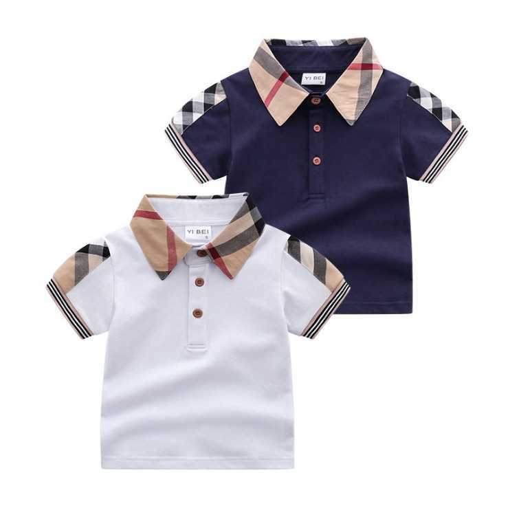 

Turn-Down Collar T-shirts Baby Boys Summer Kids Short Sleeve Plaid T-shirt Gentleman Style Children Cotton Casual Tops Tees Boy Shirts Child, White