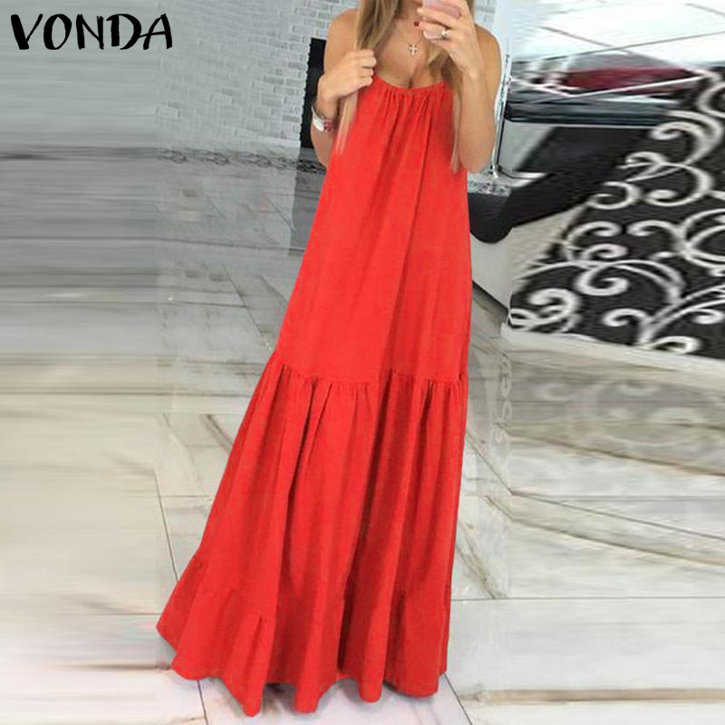 

VONDA Bohemian Dress 2021 Summer Sundress Women Sleeveless Spaghetti Strap Ruffle Swings Long Dress Holiday Vestido Plus Size, Black