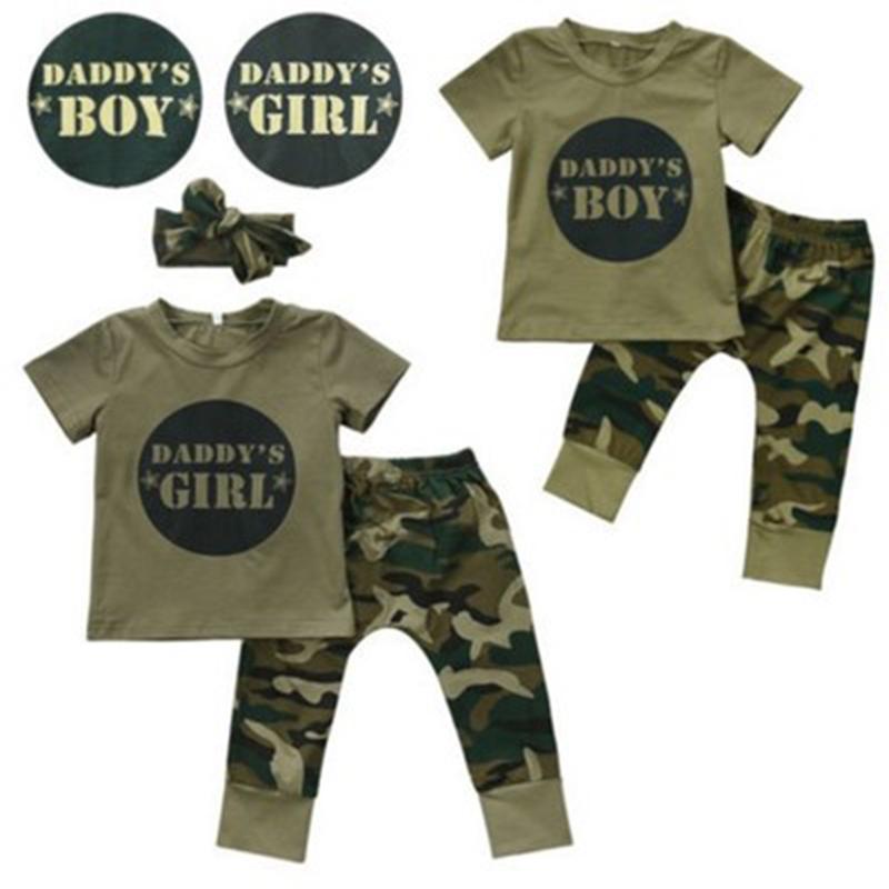 

Clothing Sets Fashion 2pcs Born Baby Boy Girls Summer Camo T-shirt Letters Tops Long Pants Outfits Set Kids Clothes 0-24 Months