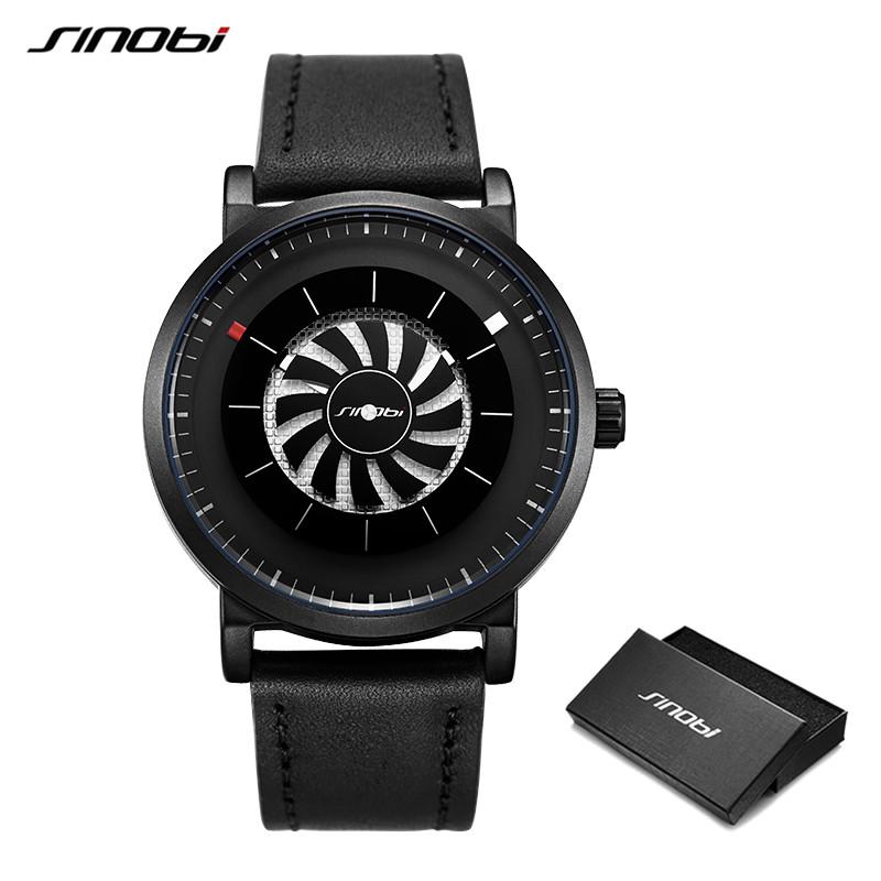 

Men Wristwatch Quartz SINOBI Brand Design Fan Turning Dial Creative Watch Male Sports Leather Waterproof Clock Relogio Wristwatches, Black