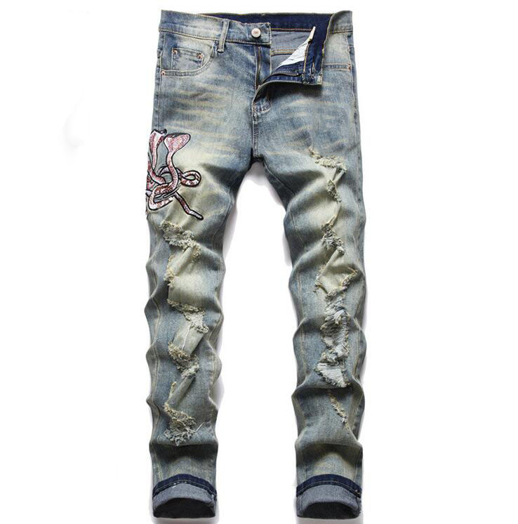 

Snakes Embroidered Mens Fashion Skinny Straight Slim Ripped jeans men fashion mens street wear Motorcycle Biker jean mens designer jeans pants size, Price difference