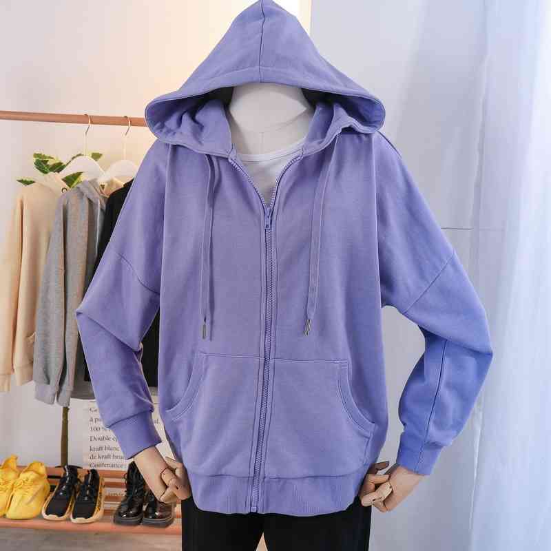 

Solid color large fat mm2021 new hooded sweater coat women' spring and autumn thin loose zipper cardigan fashion, C26 - solid - grey