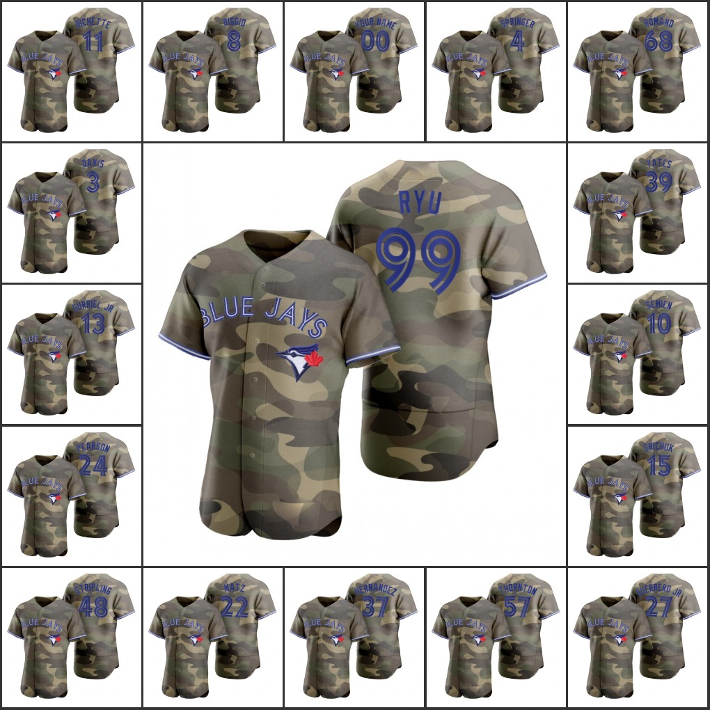 

Toronto Blue's Jays Men Women Youth #4 George Springer 99 Hyun-Jin Ryu 27 Vladimir Guerrero Jr. 24 Nate Pearson Custom Camo Authentic Armed Forces Day Jersey