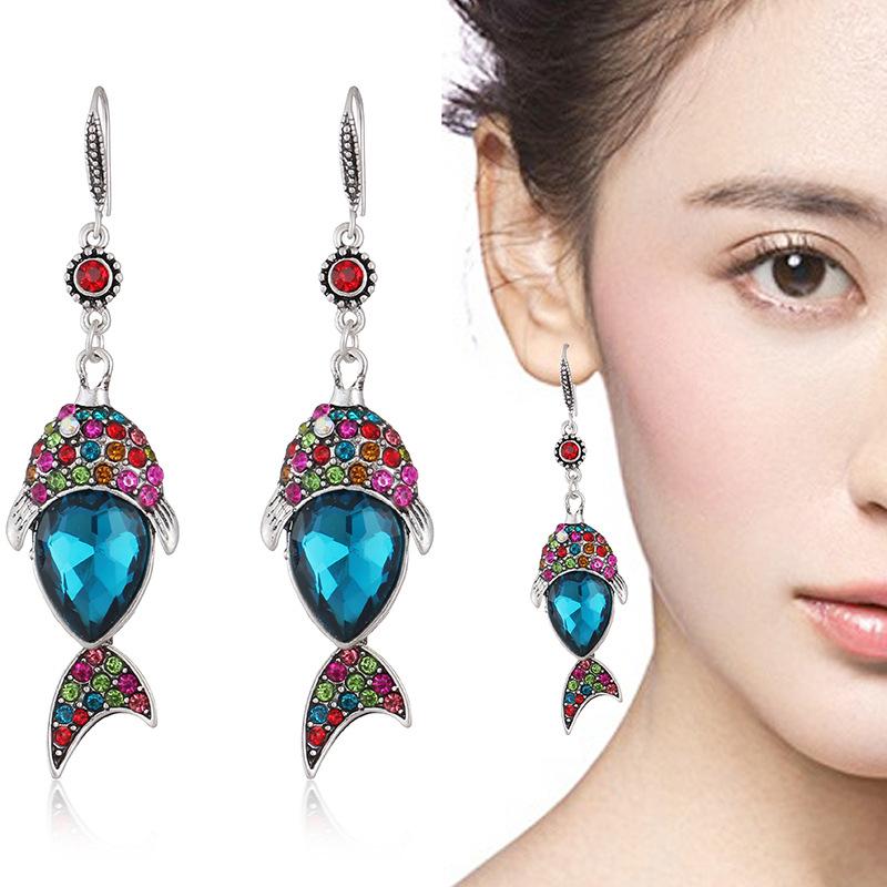 

Women Full Diamond Fish Model Dangle Earrings Retro Long Pattern Bride Ear Hook Colorful Ethnic Style Animal Round Earring Stud Jewelry Accessories Wholesale