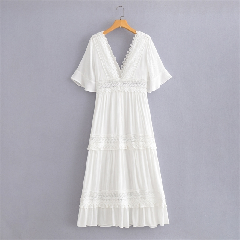 

Spring Summer long dress Fashion V-neck lace ruffed sleeve pleated Solid A-line chiffon 210524, White