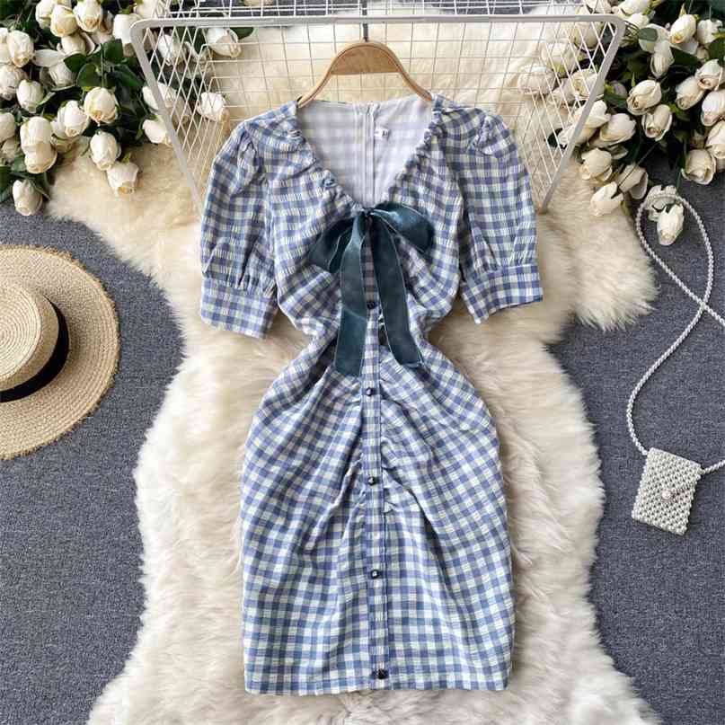 

French Style Women' Dress Vintage Plaid Print Bow-tied V-neck Puff Short Sleeve High Waist Mini Chic Summer es 210603, Blue