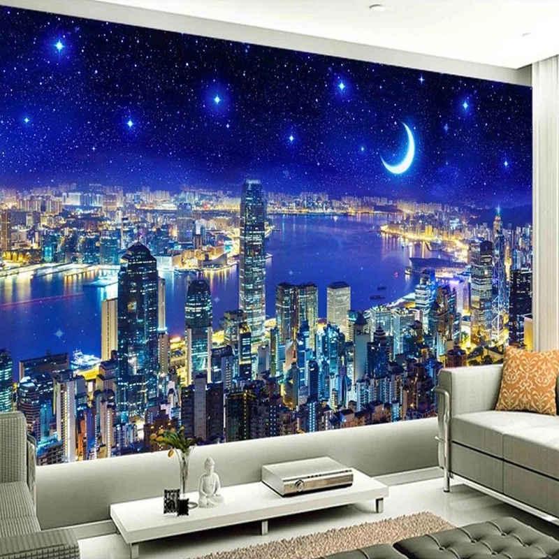 

Custom Any Size 3D Wall Mural Paintings City Building Night View Wallpaper Living Room Bedroom Study Room Wall Decor Waterproof, Blue