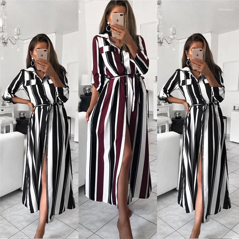 

Womens Casual Dresses Fashion Irregular Split Single Breasted Womens Designer Shirt Dresses Casual Females Clothing Colorful Stripe Print, Black;gray