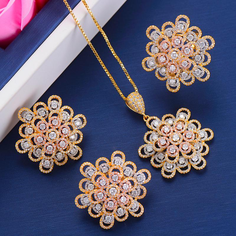 

Earrings & Necklace SPARKLING 4PCS Luxury Round Jewelry Sets For Women Wedding African Cubic Zircon Dubai Bridal High Quality, Silver