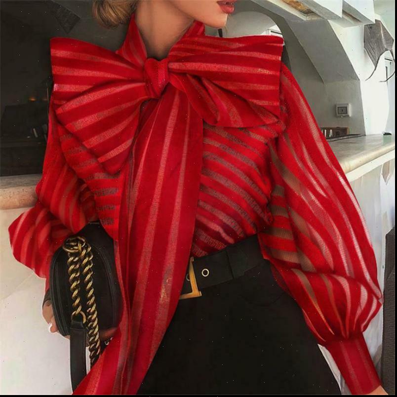 

mesh sheer striped see womens shirt through long sleeve fashion elegant big bowknot black red female blusas, White