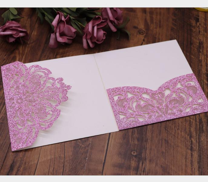 

2021 Flesh pink wedding invitations card laser pocket bridal marriage invite customized printing insert belly band, White