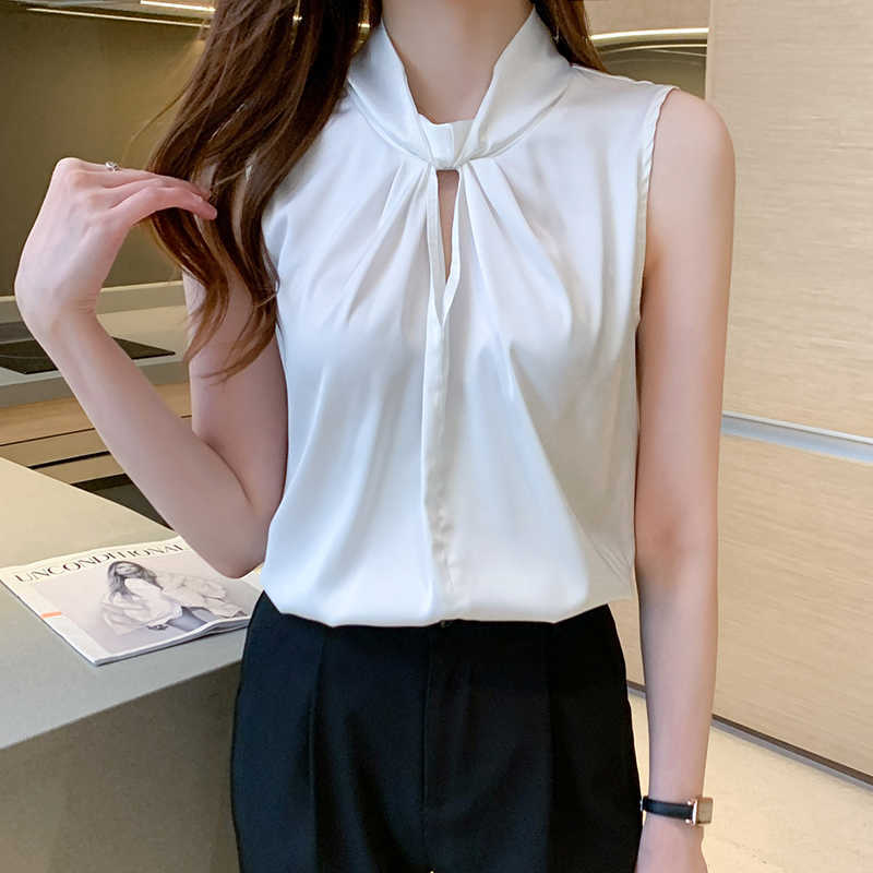 

Korean Women' Shirt Chiffon Blouse for Women Sleeveless Solid White V-neck Folds Top Female Woman Basic 210604