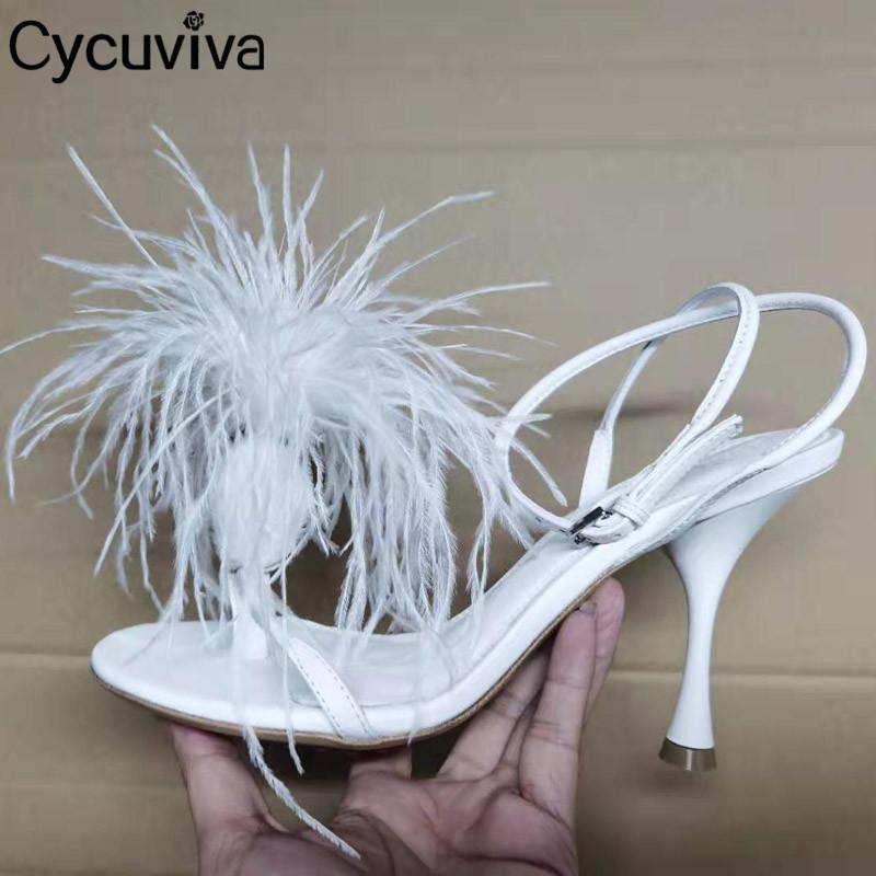 

Sandals Fur High Heel Gladiator Women White Leather Party Brand Shoes Ladies Designer Ankle Strap Feather Sandalias Mujer, Blue