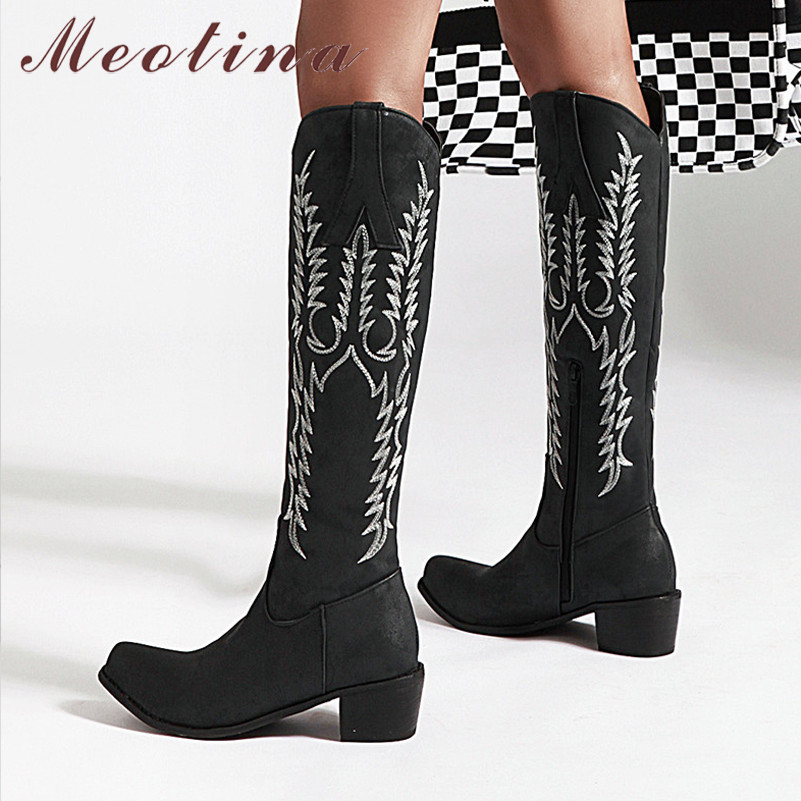 

Winter Western Boots Women Zipper Thick Heels Knee High Embroider Square Toe Shoes Ladies Autumn Plus Size 33-43 210517, Black