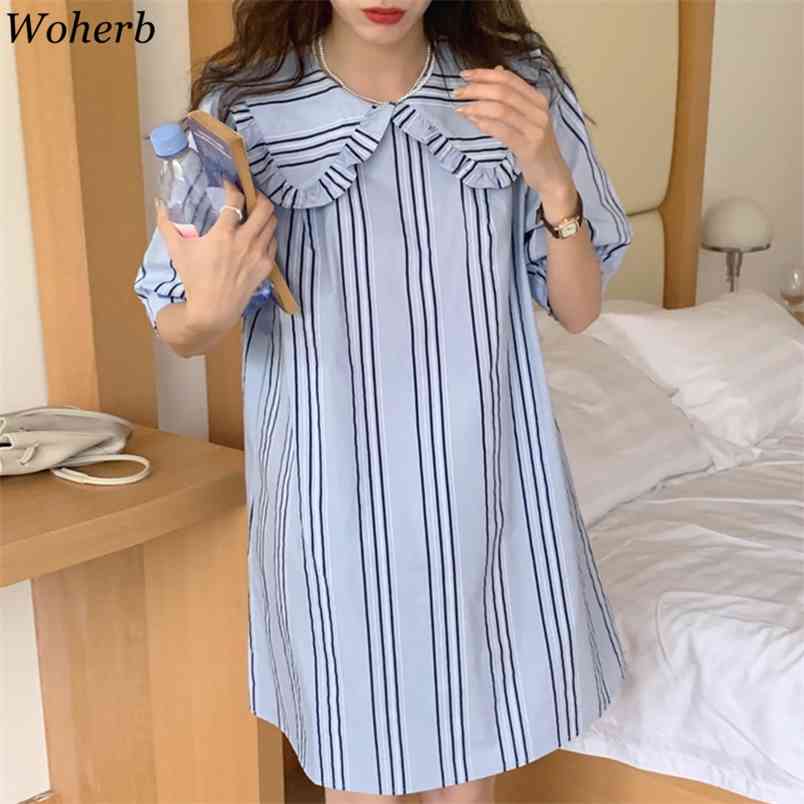 

Sweet Dresses for Women Korean Chic Striped Vestidos Mujer Peter Pan Collar Puff Sleeve Robe Loose Casual Shirt Dress 210519, Blue striped