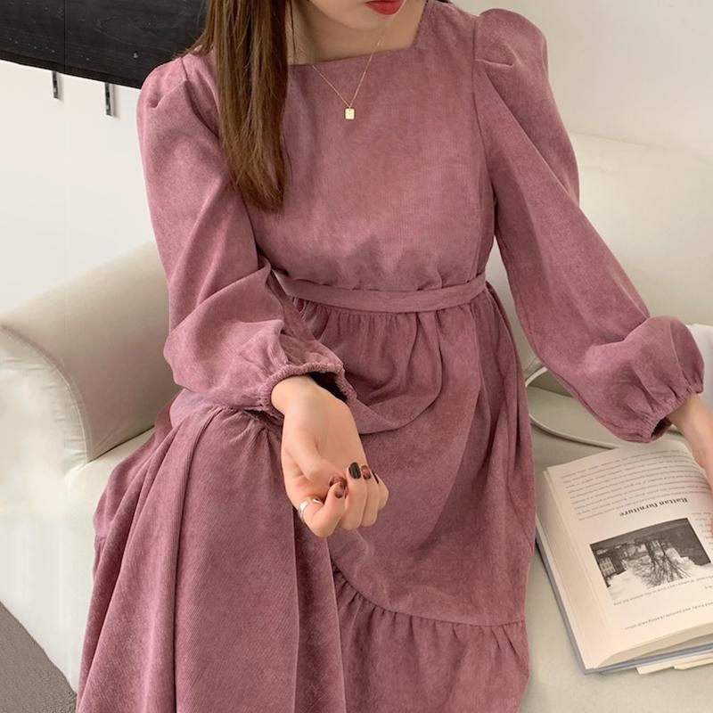 

Casual Dresses Korean Chic Autumn Retro Elegant Loose Square Collar Purple Puff Sleeve Corduroy Dress Women Vestidos Fashion Wild Sweet Clot, Black;gray