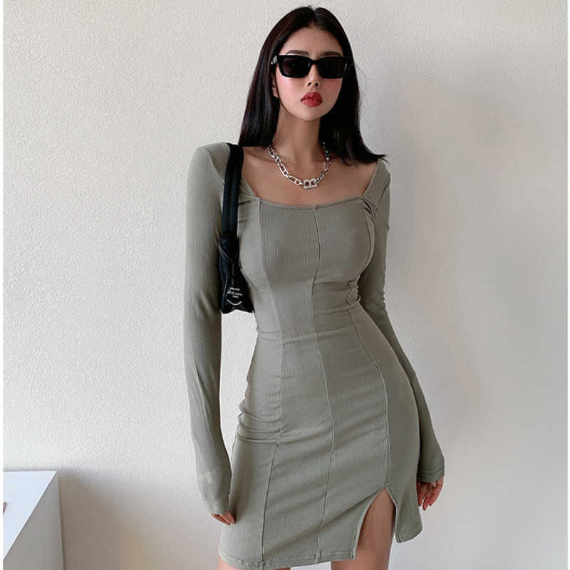 

WOMENGAGA American Fashion Square Neck Split Mini Dress Autumn Winter Long Sleeve Sexy Tight Elastic Hip Dresses HSGF 210603, Black