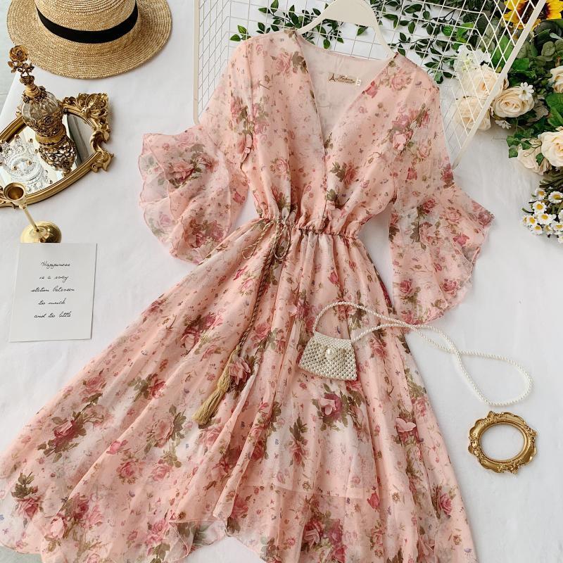 

Spring Summer Ladies Fashion Sweet Floral Print Chic Dress V Neck Short Sleeve Casual Princess Women's 210520, Light blue