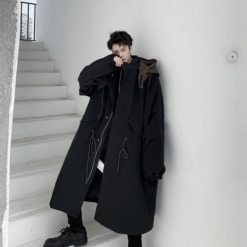 

Men's Trench Coats Male Streetwear Loose Windbreaker Long Hooded Cardigan Jacket Overcoat Men Removable Canvas Hat Coat Outerwear, 7601
