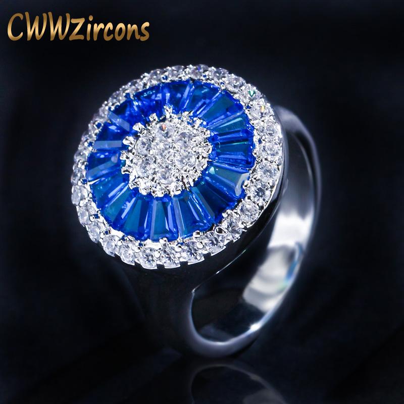 

Wedding Rings CWWZircons Fashion Brand Silver Color Big Round Anstrian Blue Cubic Zirconia Crystal Engagement Jewelry For Women R023