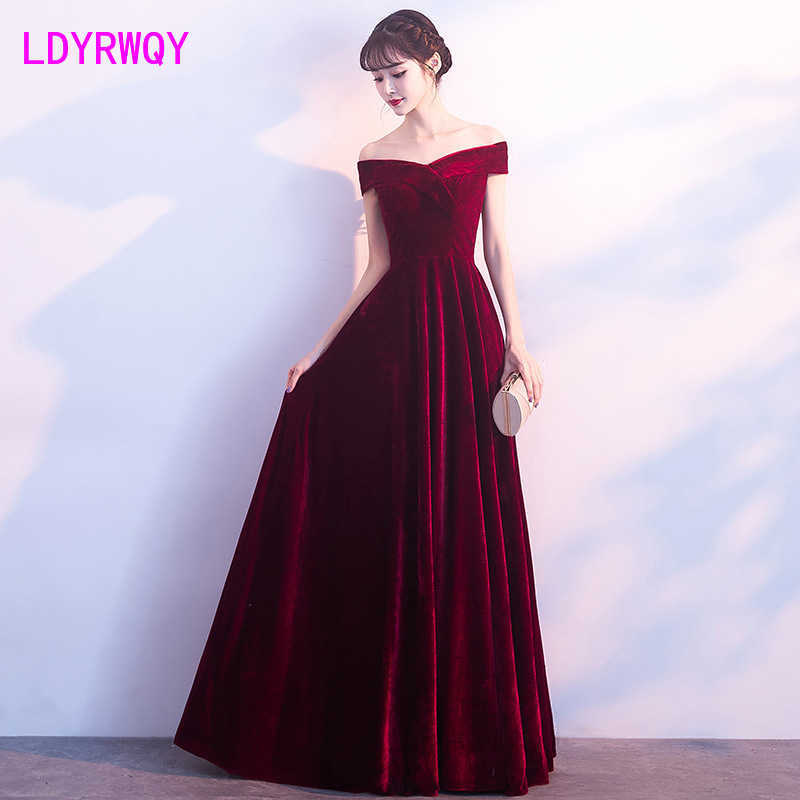 

summer fashion slim word shoulder velvet dress Floor-Length Zippers Slash neck Natural Regular Office Lady 210603, Red