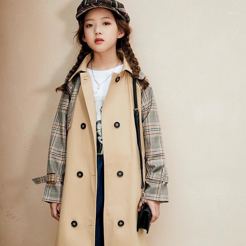 

Coat Teenage Girls Trench With Sashes Kids Autumn Plaid Patchwork Long Jackets Children Double-breasted Khaki Outerwear 8 10 12Y, Blue;gray
