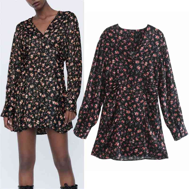 

Black Printed Mini Dress Women Vintage V Neck Long Sleeve Waist Pleated Woman Button Up Casual Ladies es 210519, Print