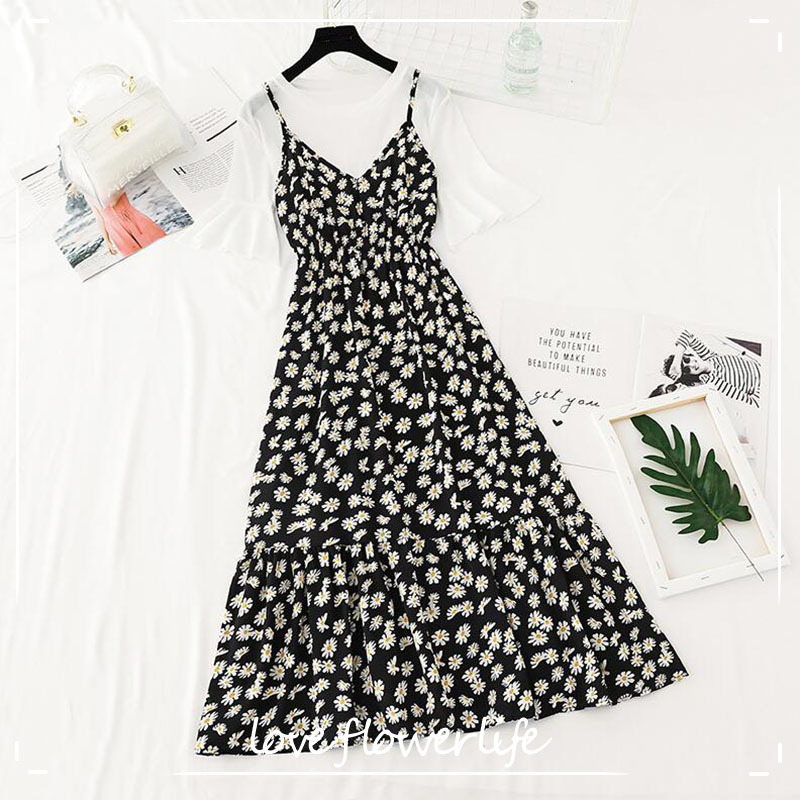 

fashion Women Dress two piece set Summer Short sleeve T-shirt + Ruffles Floral print Sling Long Dress Suit 29 colors 210521