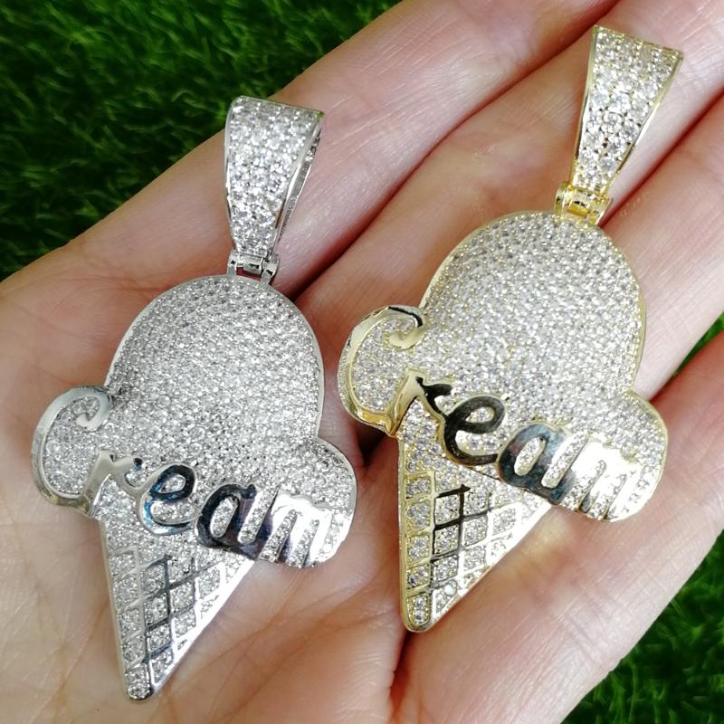 Pendant Necklaces Brass Zircon Cream Shape Pendants Rapper Necklace Hip Hop Jewelry Gold Silver Color CN519-image-708544355