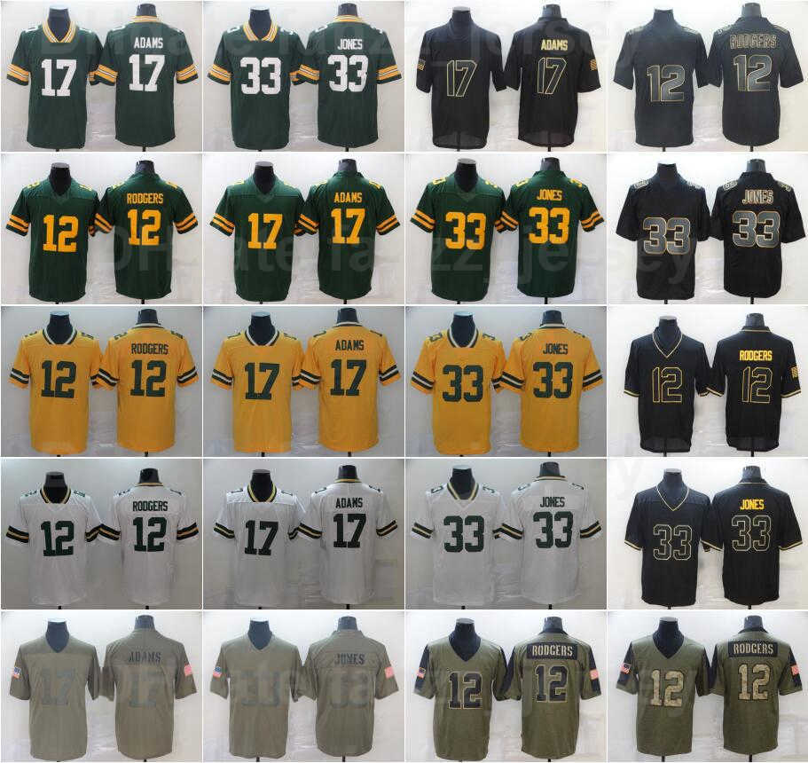 

Men Football 12 Aaron Rodgers Jersey 17 Davante Adams 33 Aaron Jones Army Green Salute to Service Camo Black Smoke White Yellow All Stitched, Black;red