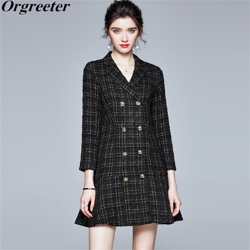 

Retro Tweed Plaid Jacket Dress Female Fall Winter Temperament Double-breasted Notched collar Mermaid Mini Woolen 210602, Black