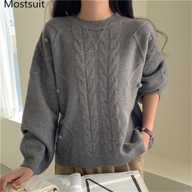 

Thick Twisted Knitted Korean Pullover Sweater Women O-neck Full Sleeve Loose Casual Fashion Jumpers Tops Femme 210518, Khaki