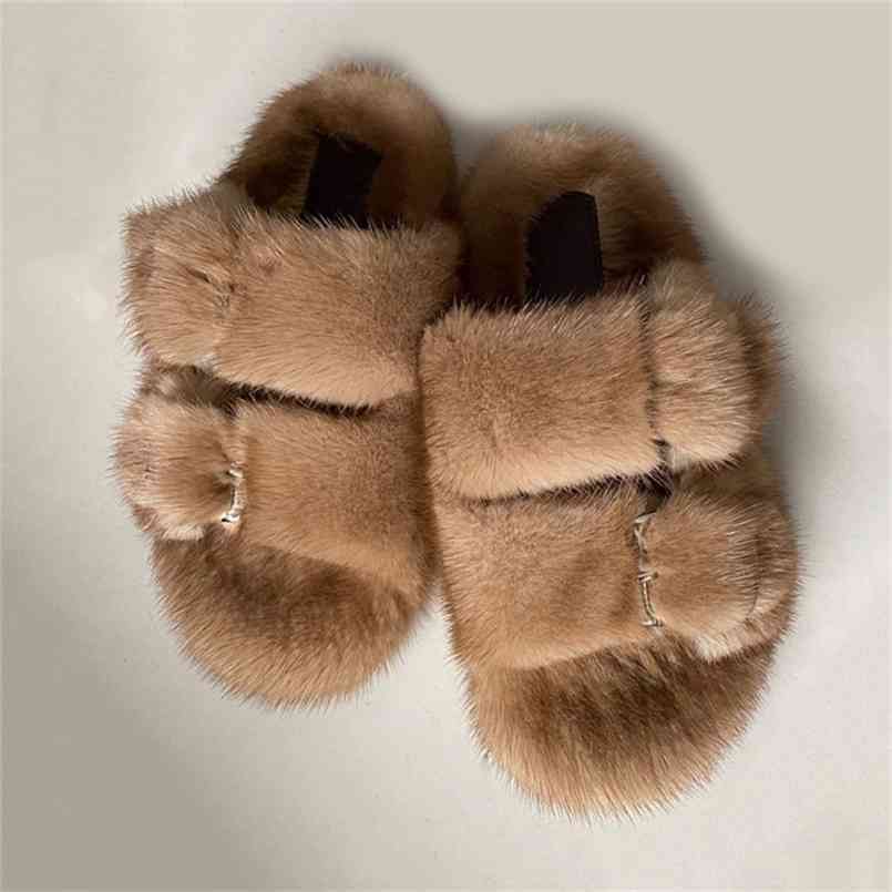 

Designer Slides High Quality Mink Fur Slippers Lasdies Flat Heel Women Shoes for 210628, Mixed color