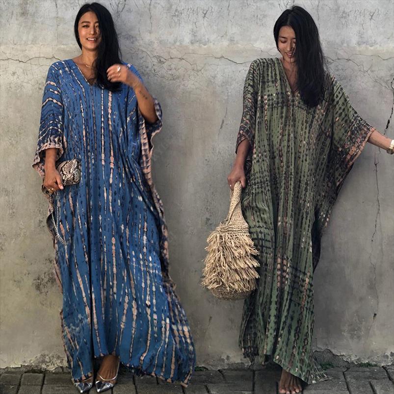 

bohemian printed v neck womens dresses batwing sleeve side split loose for women clothes plus size beachwear maxi n1218, Black;gray