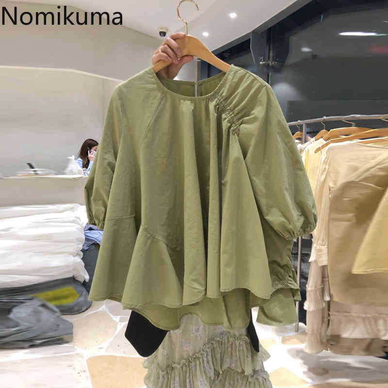Nomikuma Women Blouses Korean Pleated Ruffle Causal Blusas Mujer De Moda Spring New Puff Sleeve O-neck Sweet Shirt 6F398 210427