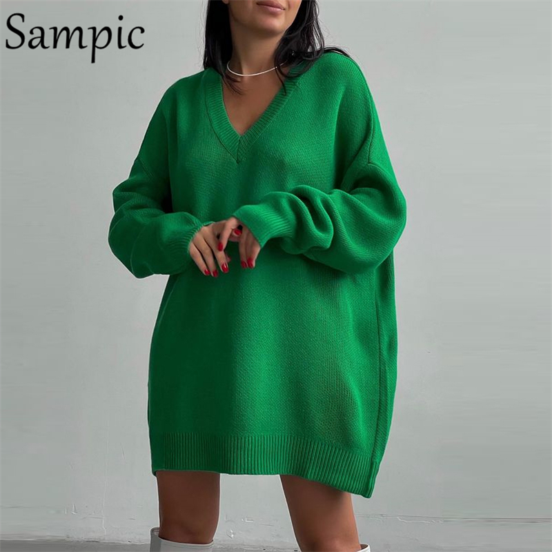 

Sampic Y2K Knitted Green Pullovers Loose Winter Long Sleeve Sweater Dress 2021 Fashion Party Casual Sexy Club Sweater Tops