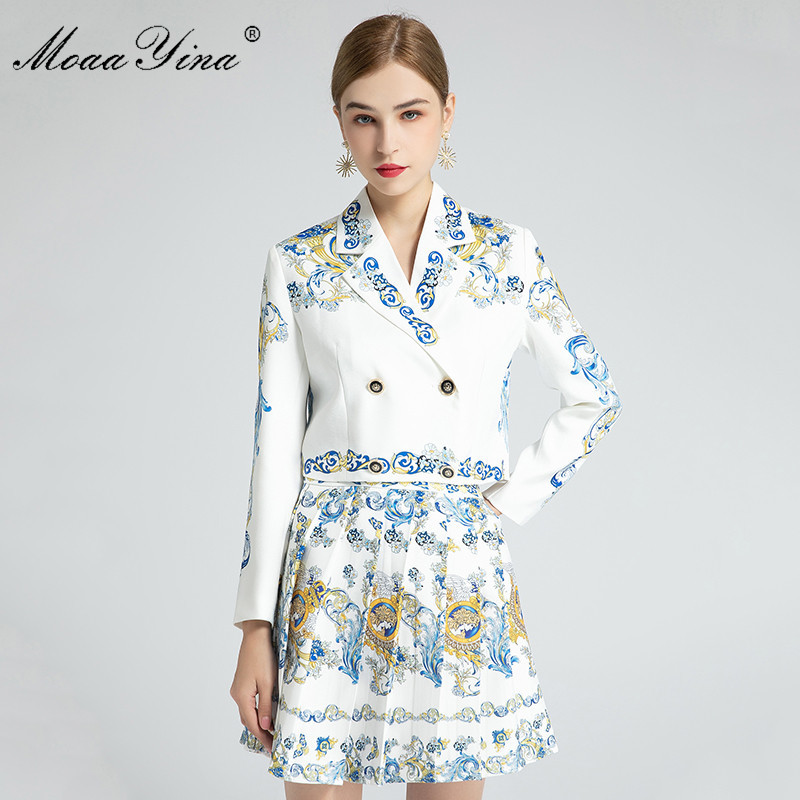 

Fashion Set Spring Autumn Women's Long sleeve Double breasted Baroque Print Short jacket+Pleated skirt Two-piece set 210524, White