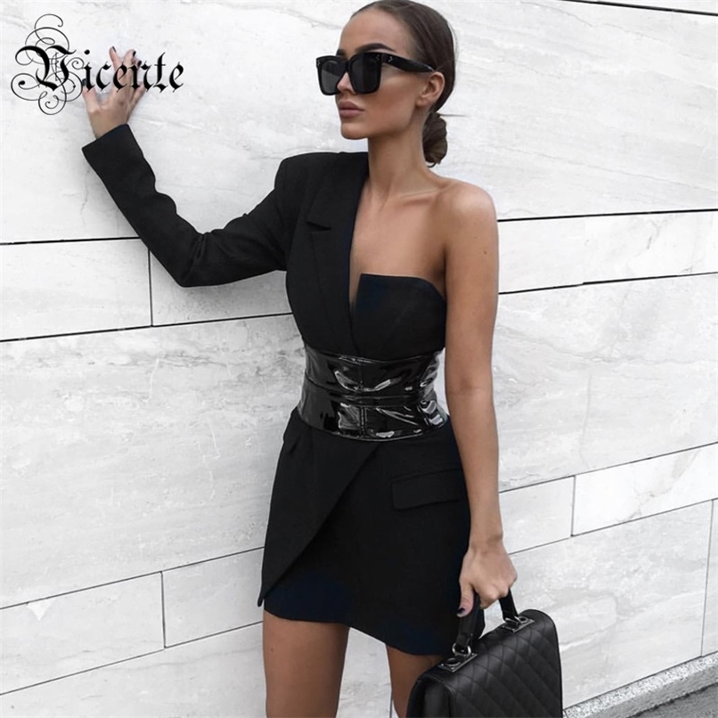 

Chic Sexy One Shoulder V Neck Long Sleeves PU Corset Design Two Pieces Party Mini Dress Suit 210520, White