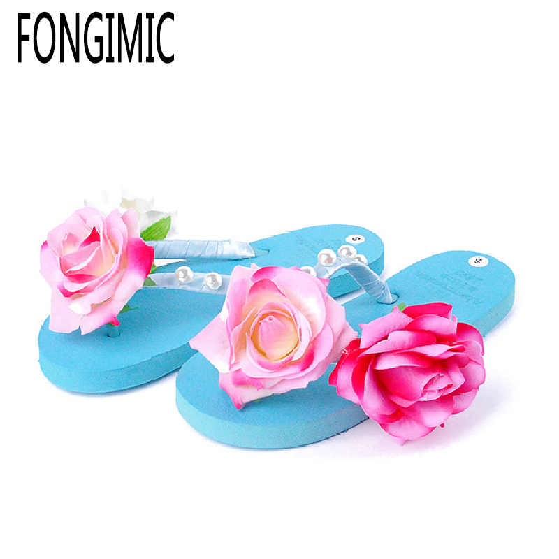 

Women Slippers Summer Bohemia Sho Comfortable Sweet Beach Vacation Handmade Flowers Flat with Non-slip Flip Flops, Three flower