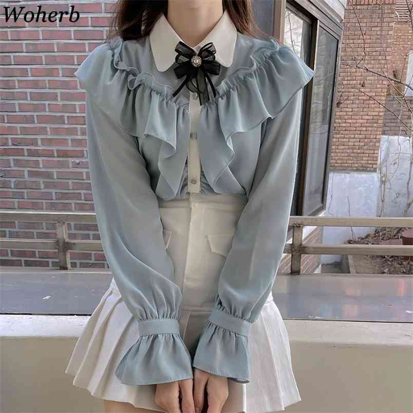

Sweet Bow Ruffled Shirt Blouse Women Spring Flared Long Sleeve Elegant Chiffon Tops Fashion Office Ladies Blusas Mujer 210519, Blue