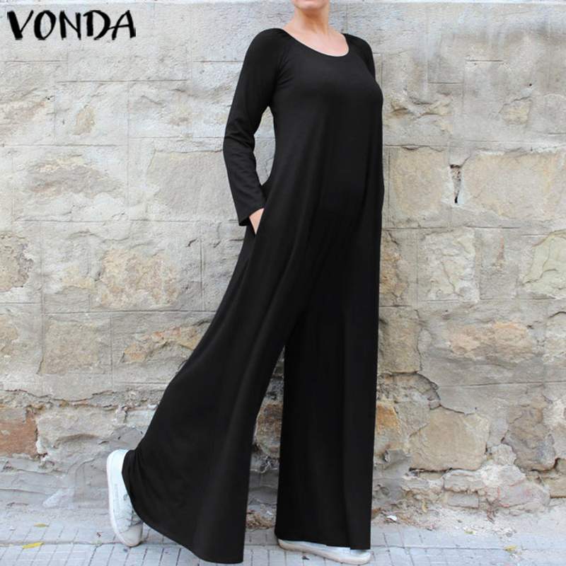 

VONDA Wide Leg Pants Women Bohemian Solid Playsuits Long Sleeve Plus Size Oversall Casual Loose Rompers Womens Jumpsuits -5XL, Black