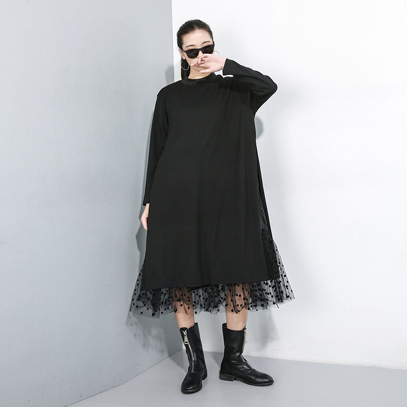

2021eam women black mesh dot split joint dress new stand collar long sleeve loose fit fashion tide spring autumn 2021 1b593, Black;gray