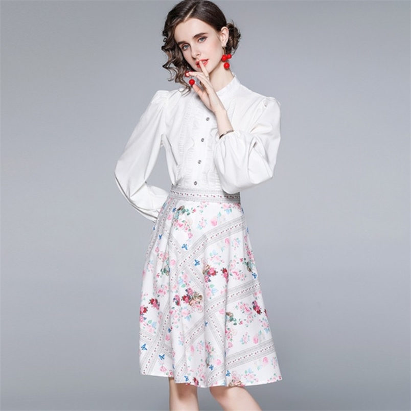 

Women Elegant 2 Piece Set Fashion Sweet Ruffles Puff Sleeve White Shirt Top + High Waist Floral Printed Midi Skirt Suit 210519, Photo color