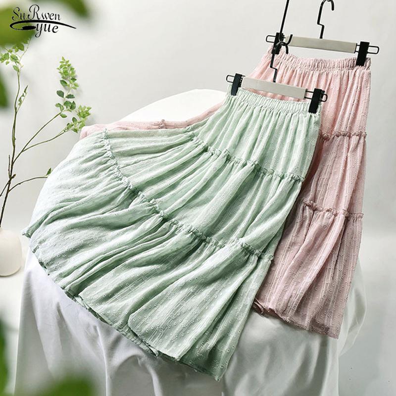 

Elastic High Waisted A Line Skirt Maxi White Skirts 2021 Summer Long For Women Chiffon Pleated Solid 9937, Black