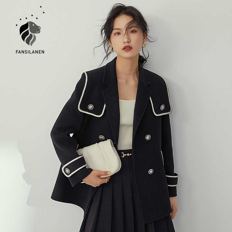 

FANSILANEN Sailor collar 100% wool women's coat Black autumn winter casaul cashmere blend jacket Female oversized 210607